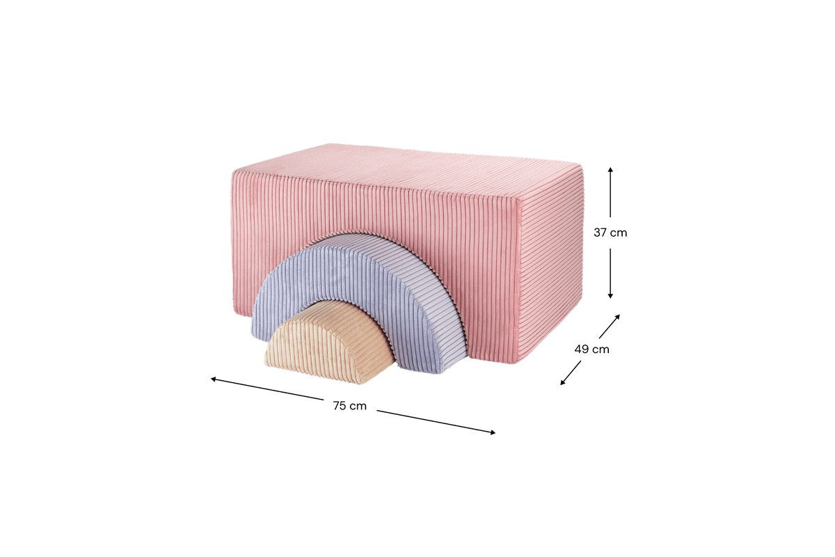 Afmetingen Wigiwama Regenboog speelset Pink Mousse: 75 cm breed, 49 cm diep, 37 cm hoog