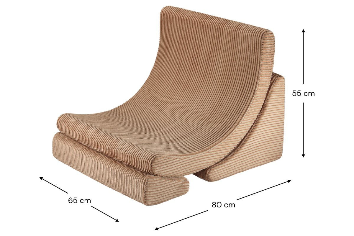 Afmetingen Wigiwama Corduroy Moon Chair Toffee: 65 cm breed, 80 cm diep, 55 cm hoog