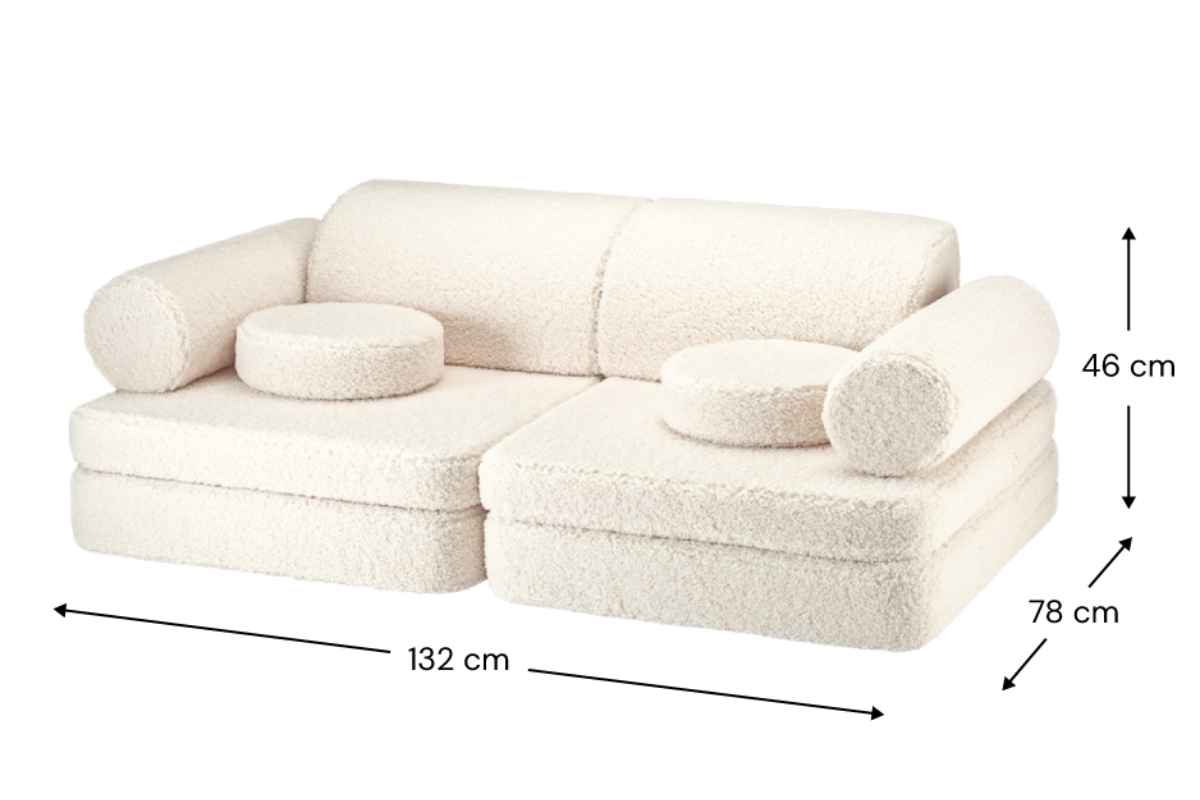 Afmetingen Wigiwama Kinderspielbank, 9-teilig, aus Teddyfell Cremeweiß: 132 cm breed, 78 cm diep, 46 cm hoog