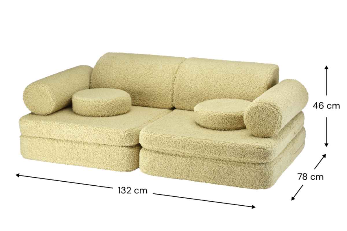 Afmetingen Wigiwama Kinderspielbank, 9-teilig, aus Teddyfell Matcha: 132 cm breed, 78 cm diep, 46 cm hoog