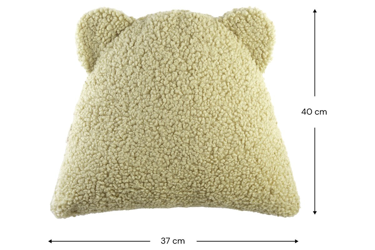 Afmetingen Wigiwama Teddy Bear Cushion Matcha: 37 cm breed, 15 cm diep, 40 cm hoog