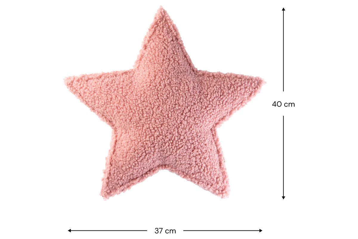 Afmetingen Wigiwama Teddy Star Cushion Guava: 37 cm breed, 10 cm diep, 40 cm hoog