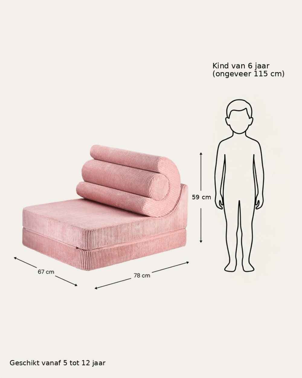 Afmetingen Wigiwama Flipster 3-in-1 Foldable Ribbed Chair Pink Mousse — naast een kind van zes