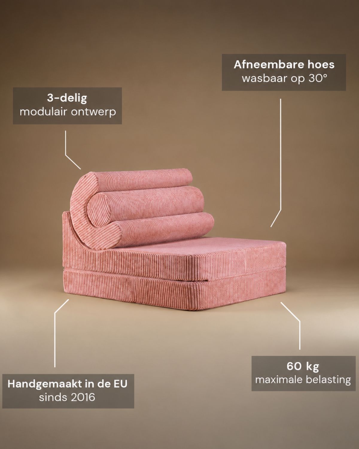 Kenmerken Wigiwama Flipster 3-in-1 Foldable Ribbed Chair Pink Mousse