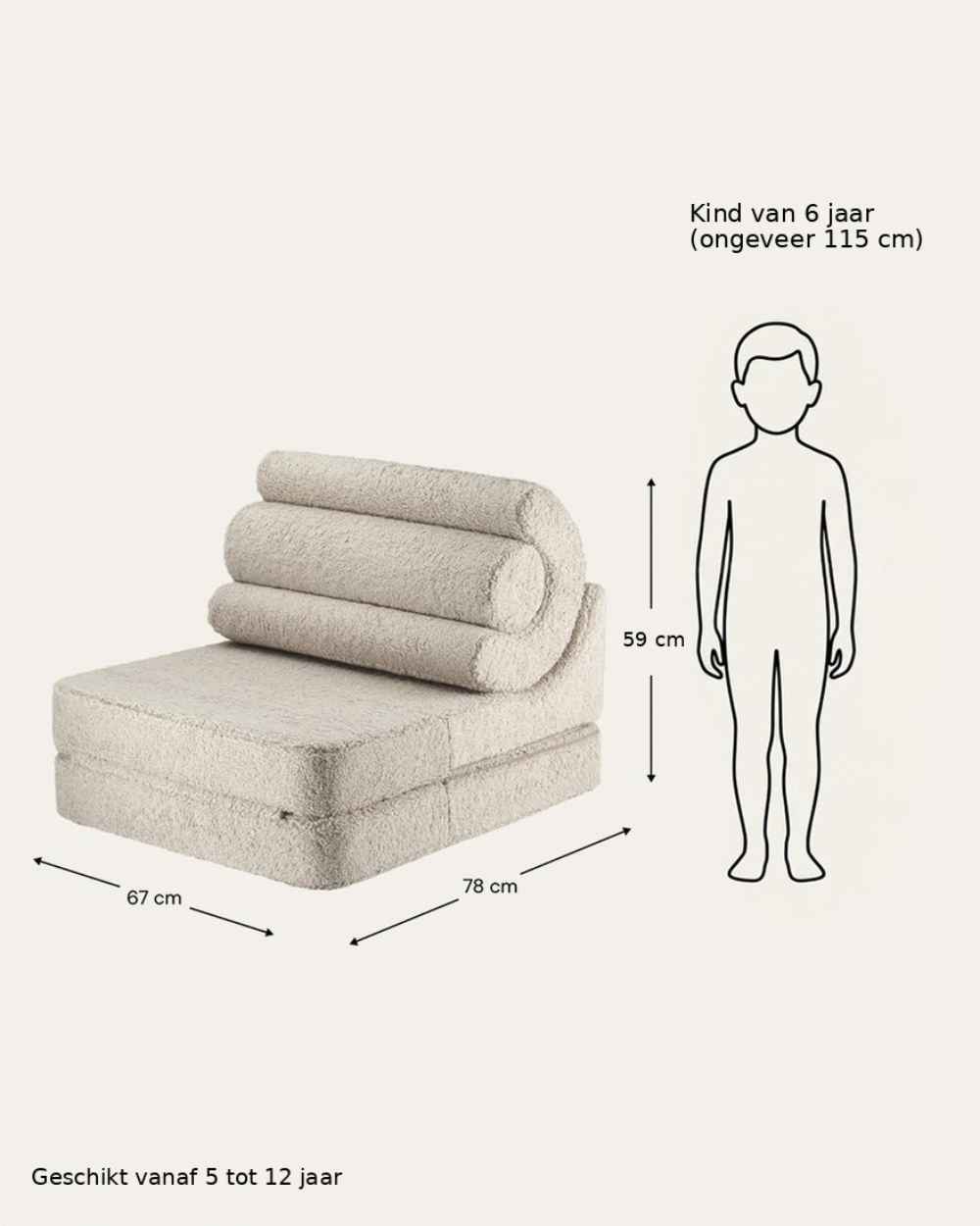 Afmetingen Wigiwama Flipster Uitklapstoel 3-in-1 Biscuit — naast een kind van zes