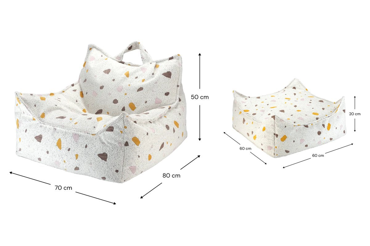 Afmetingen Wigiwama Bean Bag Chair + Ottoman Set with Terrazzo print Marble: 70 cm breed, 80 cm diep, 50 cm hoog