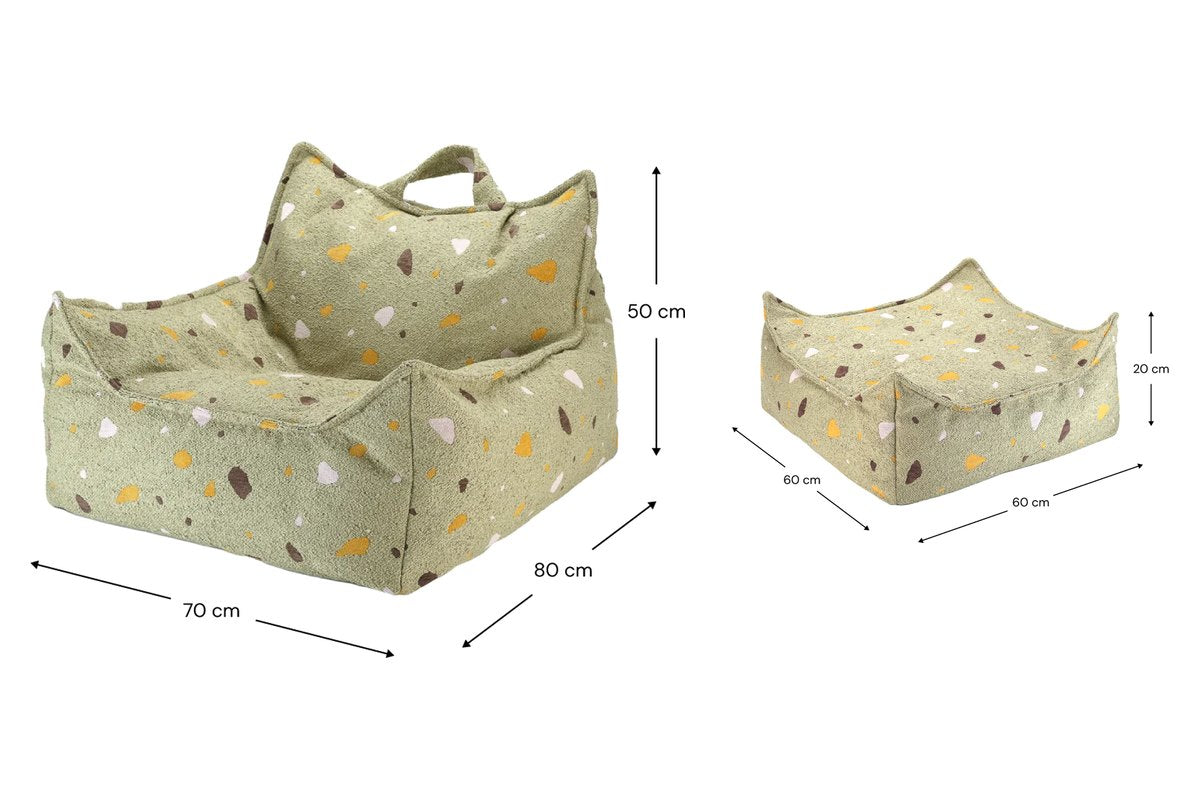 Afmetingen Wigiwama Sitzsack- und Pouf-Set mit Terrazzo-Print Moos: 70 cm breed, 80 cm diep, 50 cm hoog