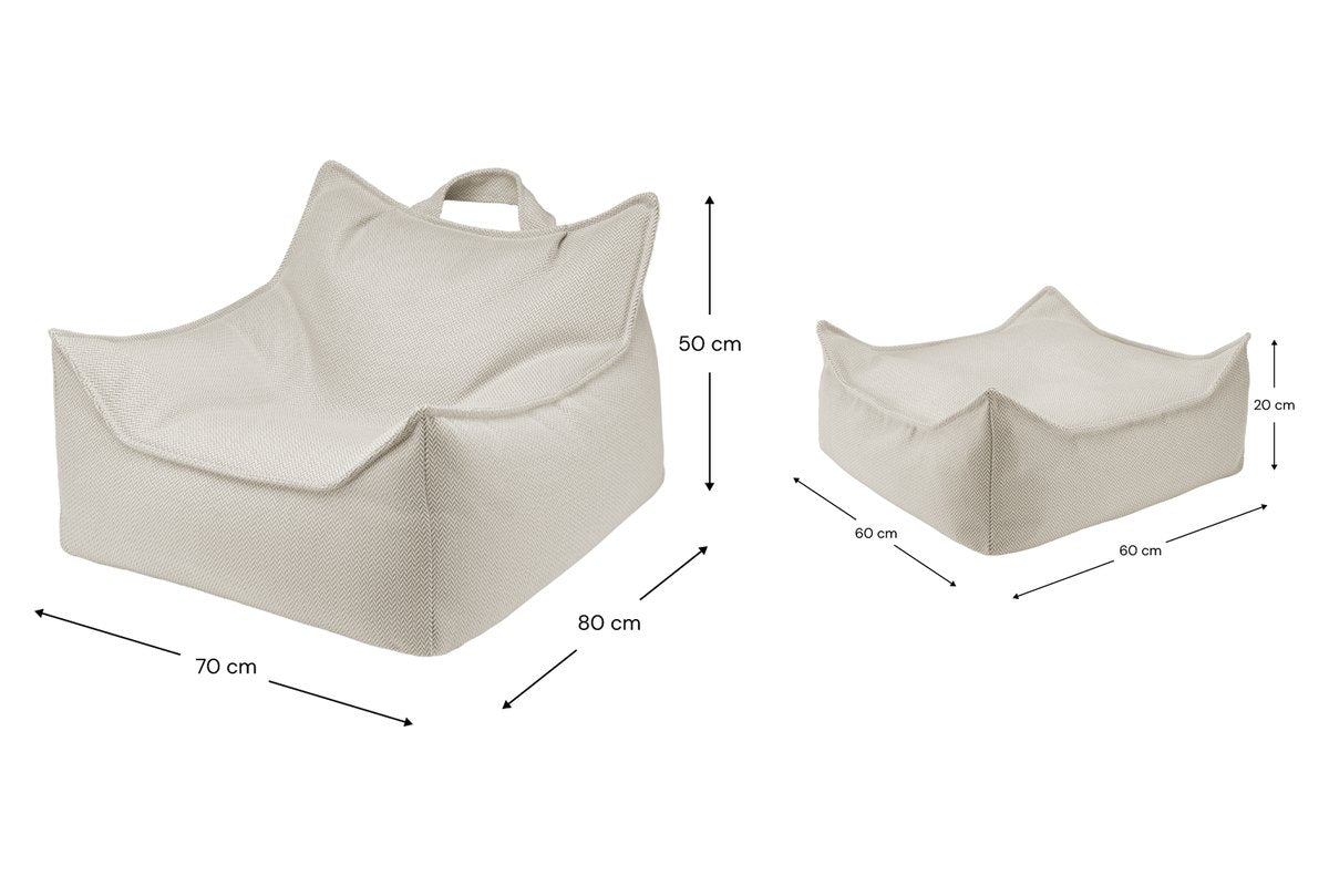 Afmetingen Wigiwama Outdoor set zitzakstoel + poef Terra: 70 cm breed, 80 cm diep, 50 cm hoog