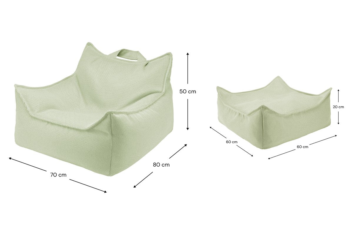 Afmetingen Wigiwama Outdoor-Set Sitzsack + Pouf Herba: 70 cm breed, 80 cm diep, 50 cm hoog