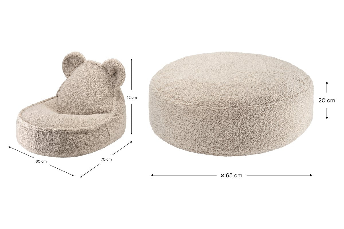 Afmetingen Wigiwama Set berenzitzak + poef Biscuit: 60 cm breed, 70 cm diep, 42 cm hoog