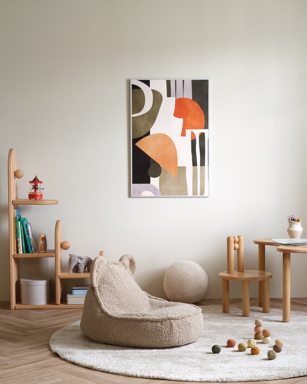 Wigiwama Set berenzitzak + poef Biscuit in een kinderkamer