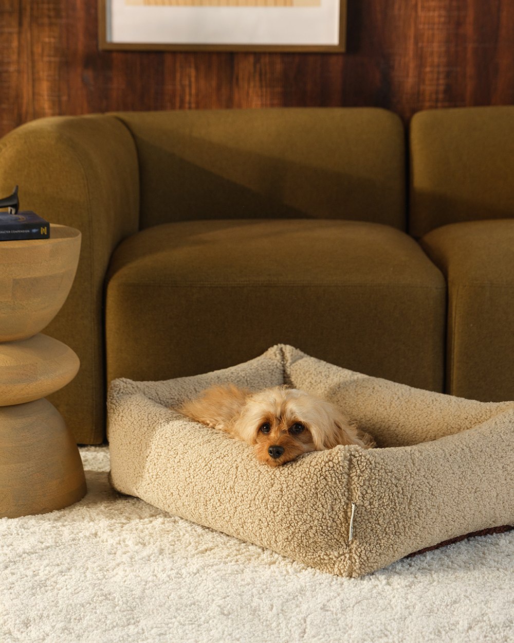 Wigiwama Dog Pillow - Pet Snuggle Bed Beige - M in een kinderkamer