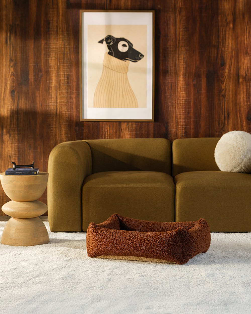 Wigiwama Dog Pillow - Pet Snuggle Bed Brown - M in een kinderkamer