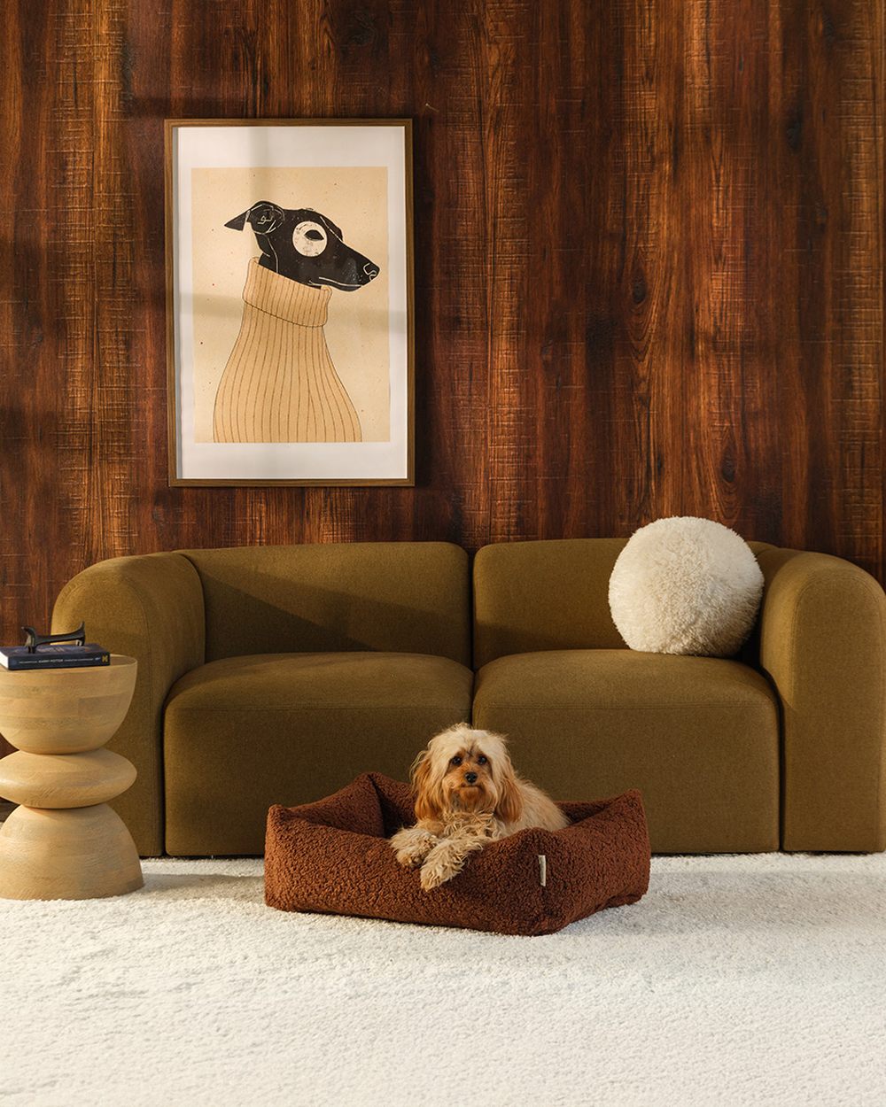 Wigiwama Dog Pillow - Pet Snuggle Bed Brown - M in een kinderkamer
